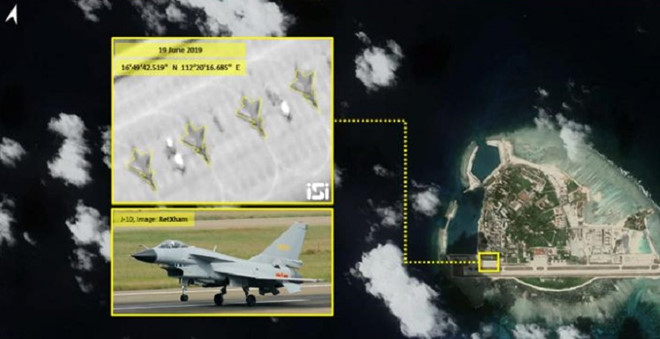 Hình ảnh chụp từ vệ tinh ngày 19.6 cho thấy 4 chiến đấu cơ J-10 của Trung Quốc đậu phi pháp ở đảo Phú Lâm trong quần đảo Hoàng Sa thuộc chủ quyền Việt Nam Chụp màn hình CNN