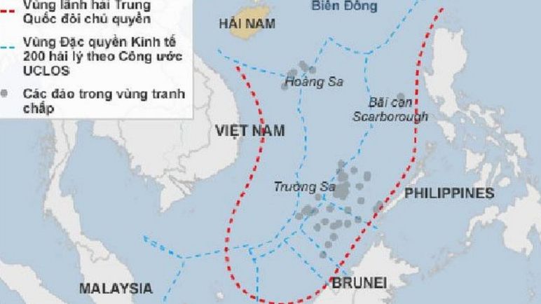 Bản quyền hình ảnh BBC/Google Image caption Bản đồ đường chín đoạn hay 'đường lưỡi bò' tuyên bố chủ quyền của Trung Quốc trên Biển Đông